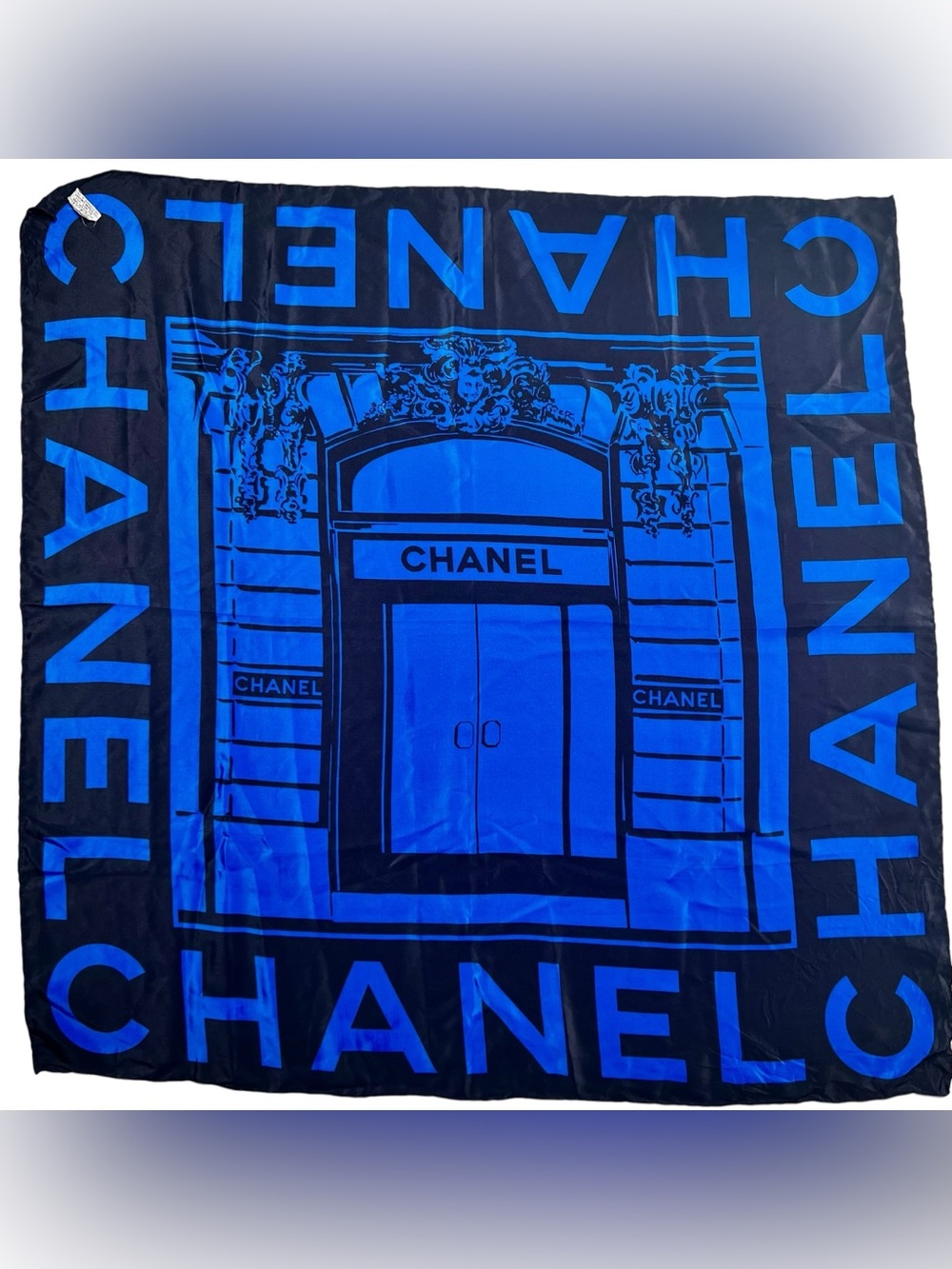 Auth CHANEL large Silk Scarf Blue Black Storefront Graphic vintage EUC 34”